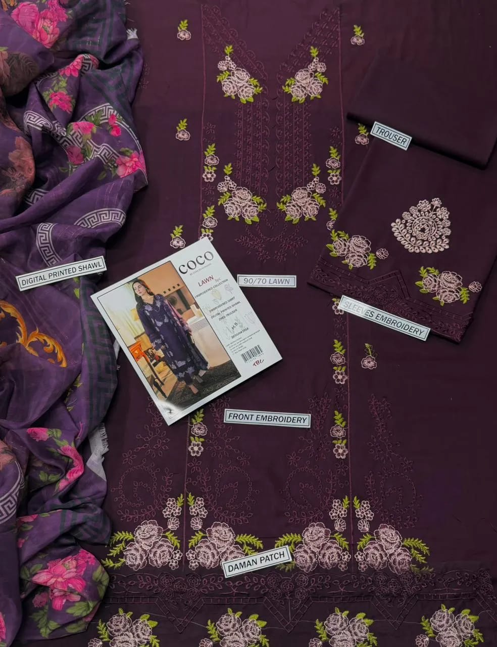 Lawn unstitched 3pcs Embroidered Suit